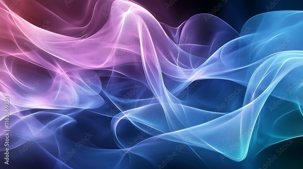 Flowing abstract shapes in 3D space, blue and purple gradients blending together, illuminated with subtle light effects. Flowing abstract shapes in 3D space, blue and purple gradients blending together, illuminated with subtle light effects.