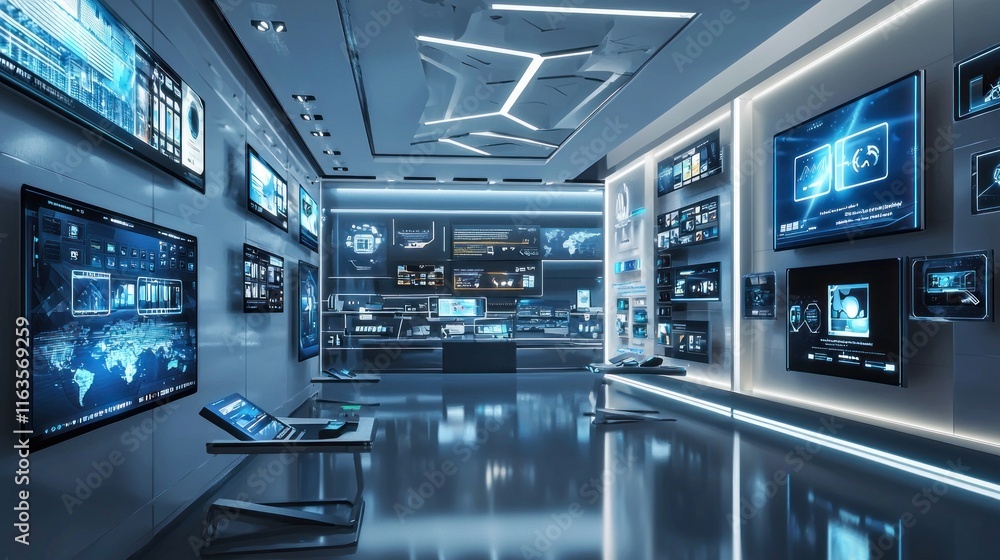 Futuristic Control Room Filled With Advanced Technology Screens Futuristic Control Room Filled With Advanced Technology Screens