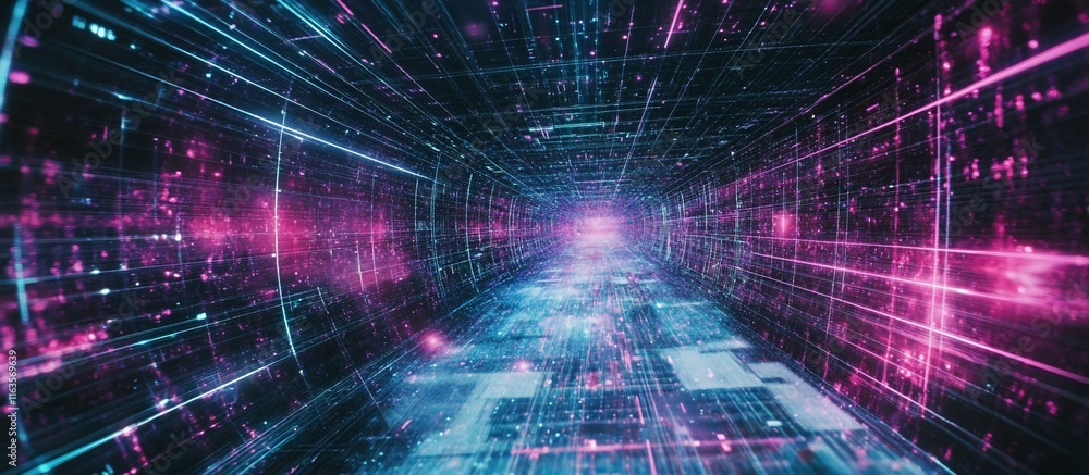 Futuristic digital tunnel with glowing lines and data streams. Futuristic digital tunnel with glowing lines and data streams.