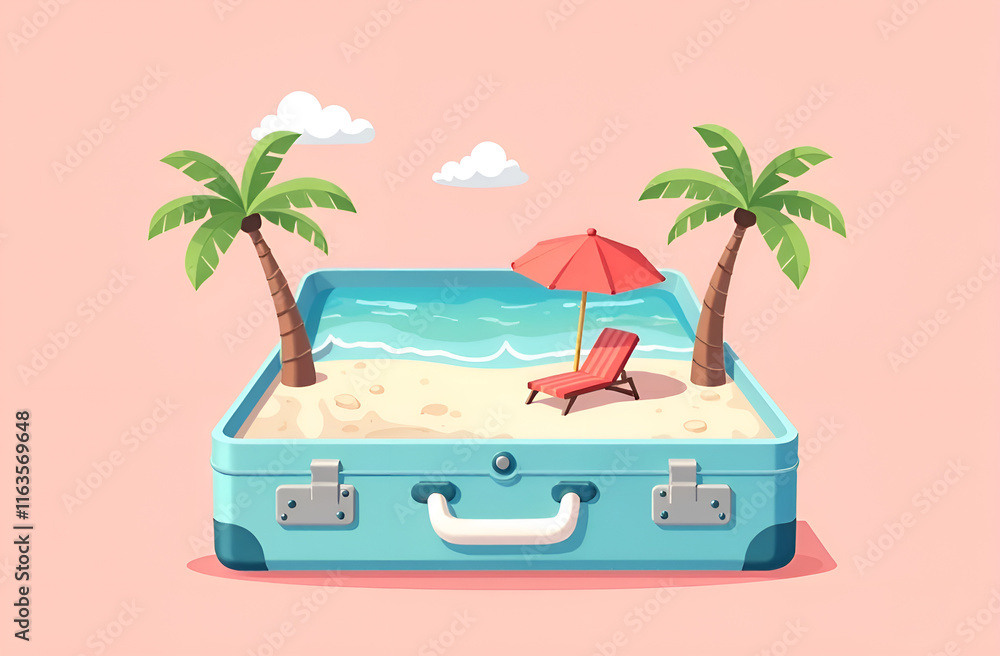 Envision a suitcase that contains a vibrant and lively beach scene displayed within its interior, bringing joy and adventure to life