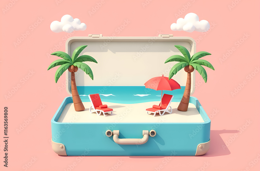 Envision a suitcase that contains a vibrant and lively beach scene displayed within its interior, bringing joy and adventure to life