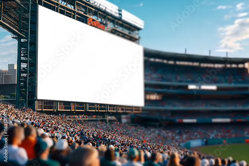 Mock up of a blank billboard on a stadium scoreboard during a sports event. Promotion information for marketing announcements and details