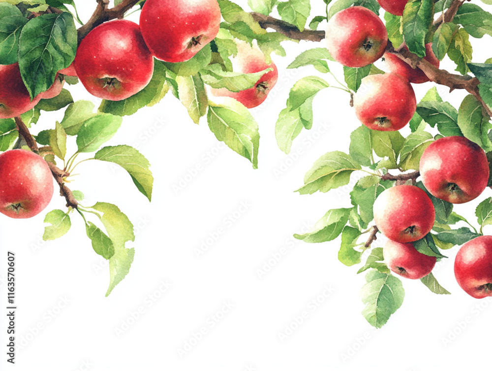 Obraz premium Red Apples on an Apple Tree with a Watercolor Border Illustration : Generative AI