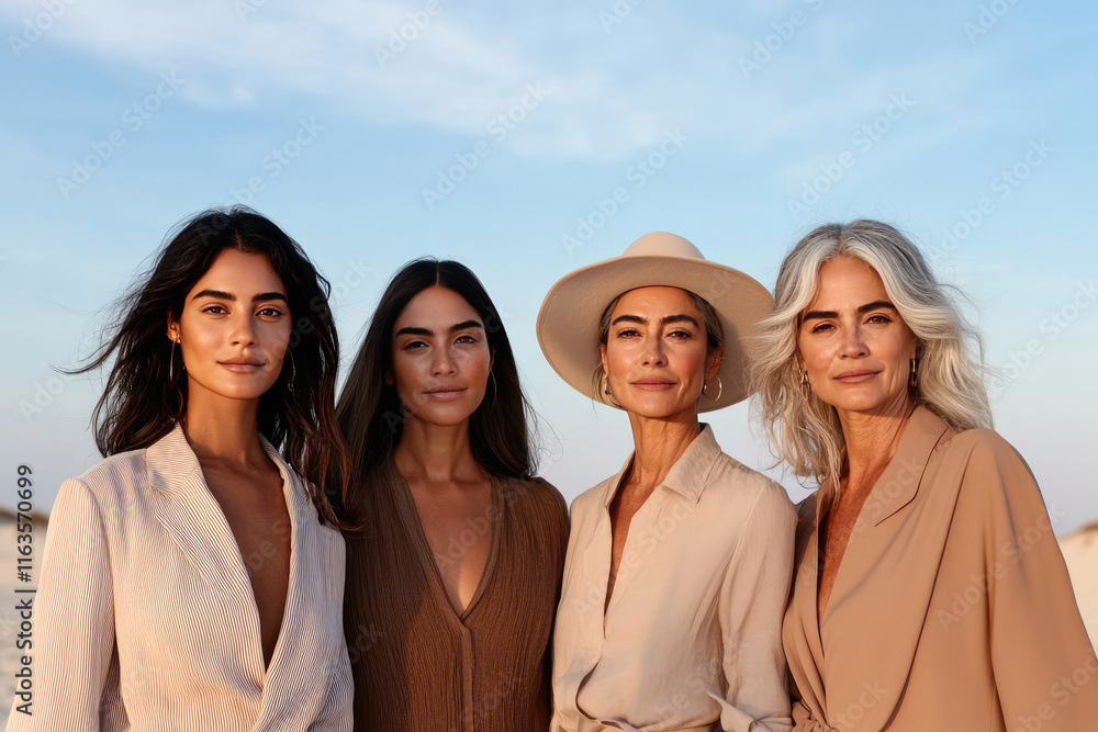 Fototapeta premium Four fashion models posing on a beach photoshoot showing diversity and natural beauty