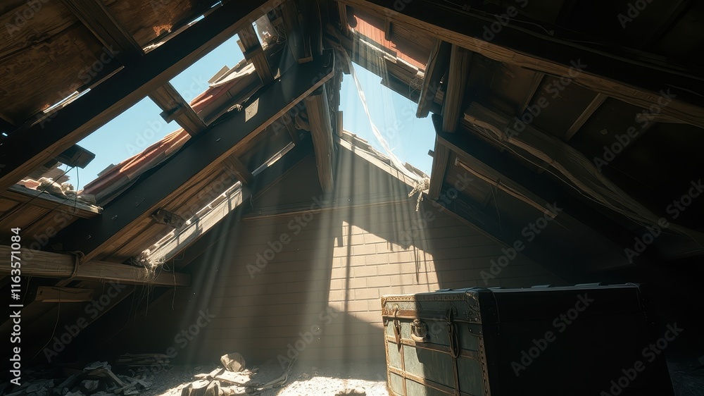 Fototapeta premium Sunbeams Illuminate Dust Motes in a Ruined Attic with Antique Chest