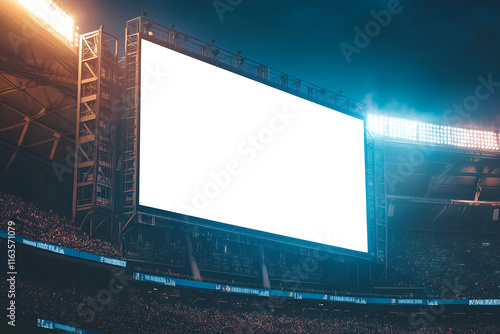 Mock up of a blank billboard on a stadium scoreboard during a sports event. Promotion information for marketing announcements and details