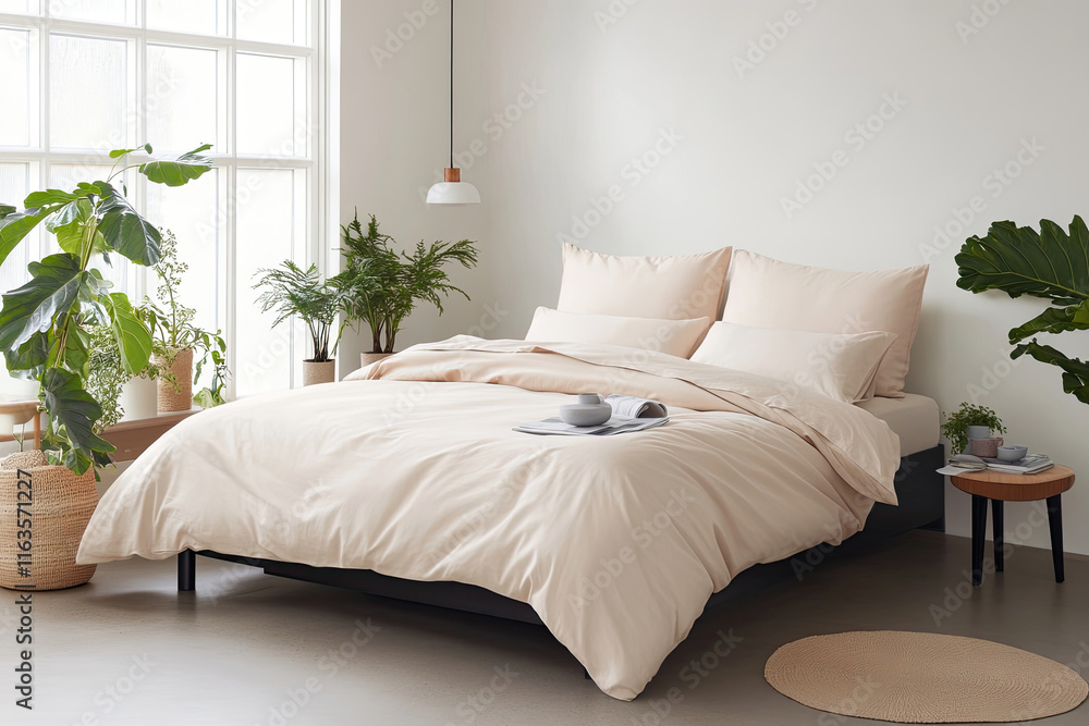 Modern minimalist bedroom with beige bedding and green plants Modern minimalist bedroom with beige bedding and green plants