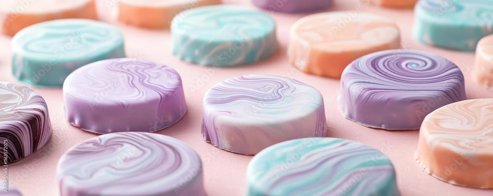 Pastel chocolates concept. Colorful marbled chocolates arranged on a soft pink backdrop.