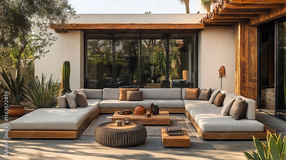 Fototapeta premium A stylish outdoor meeting space features sleek couches and tables