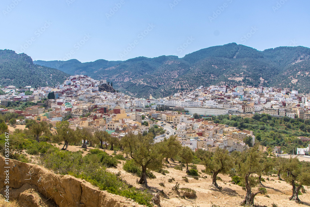 Obraz premium Moulay Idriss, Moulay Driss Zerhoun or simply Zerhoun, in the Fès-Meknès region of northern Morocco, spread over two hills at the base of Mount Zerhoun