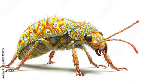  A detailed close-up of a colorful weevil with intricate textures and vibrant hues of blue and yellow, isolated on a plain white background, highlighting its unique and striking features. photo