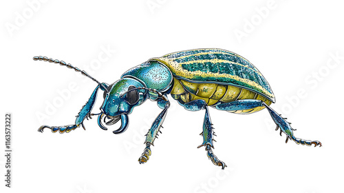  A detailed close-up of a colorful weevil with intricate textures and vibrant hues of blue and yellow, isolated on a plain white background, highlighting its unique and striking features. photo