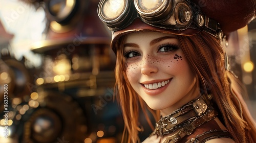 Steampunk Girl Smiling,  A Digital Art Portrait of a  Charming Woman in a Steampunk Attire photo