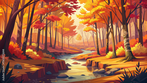 Photos A beautiful autumn forest with leaves in shades of red, orange, and yellow, a qu