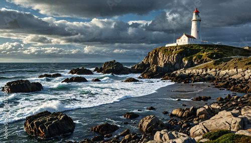 Phare majestueux sous ciel orageux photo