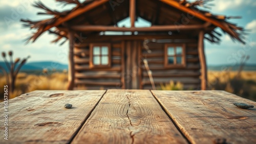 Rustic wooden table in front of a charming log cabin in a serene natural setting photo