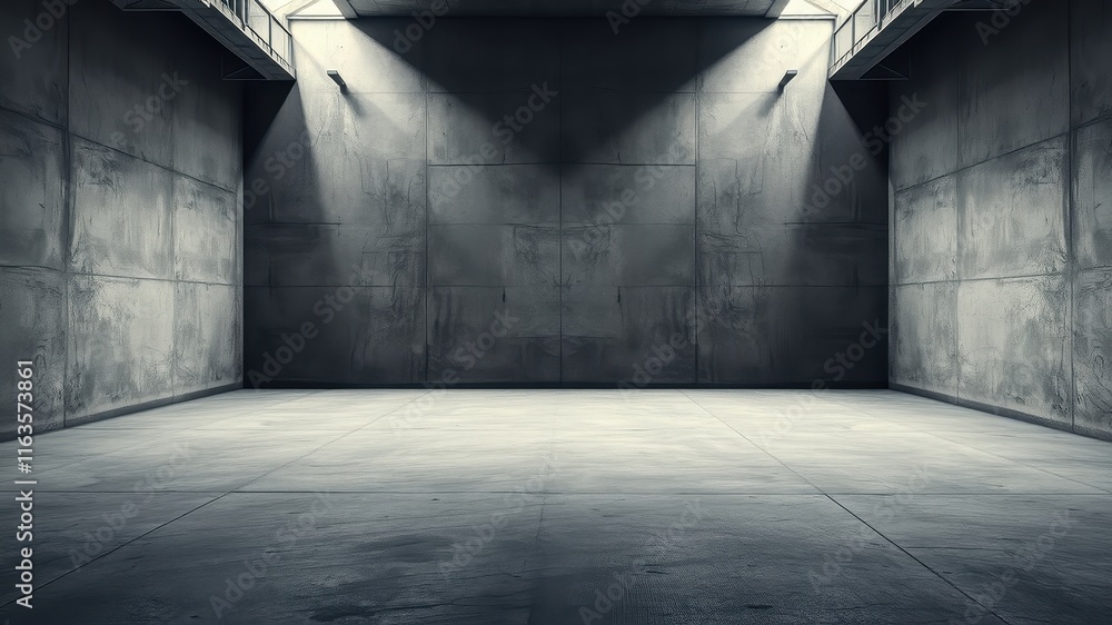 Empty industrial space with concrete walls and floor, illuminated by overhead lighting Empty industrial space with concrete walls and floor, illuminated by overhead lighting