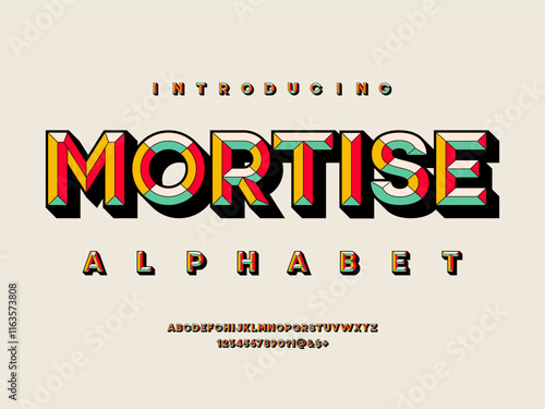 colorful chisel style alphabet design with uppercase, numbers and symbols