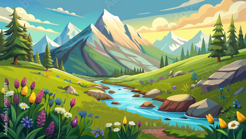 A tranquil alpine meadow with wildflowers blooming, a babbling brook cutting through the grass, and towering peaks in the distance