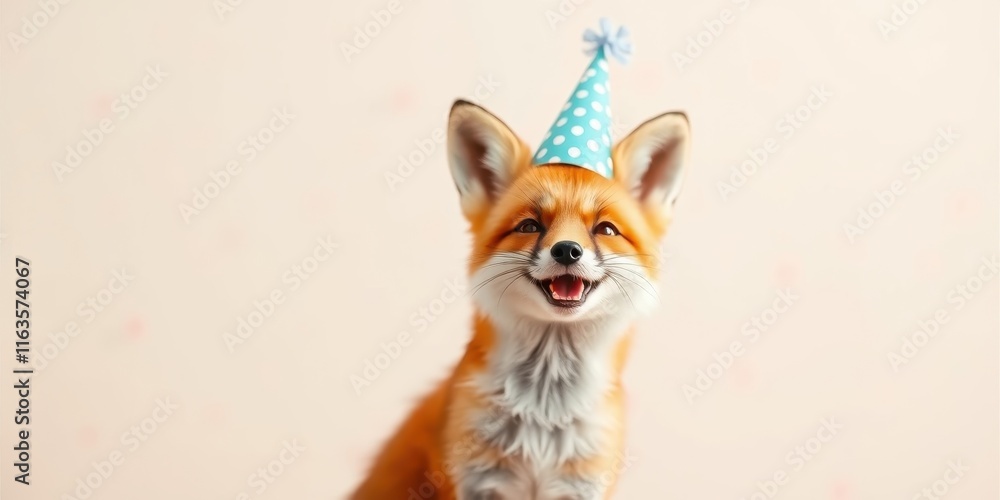 Obraz premium A cheerful fox cub wearing a festive party hat smiles for the camera