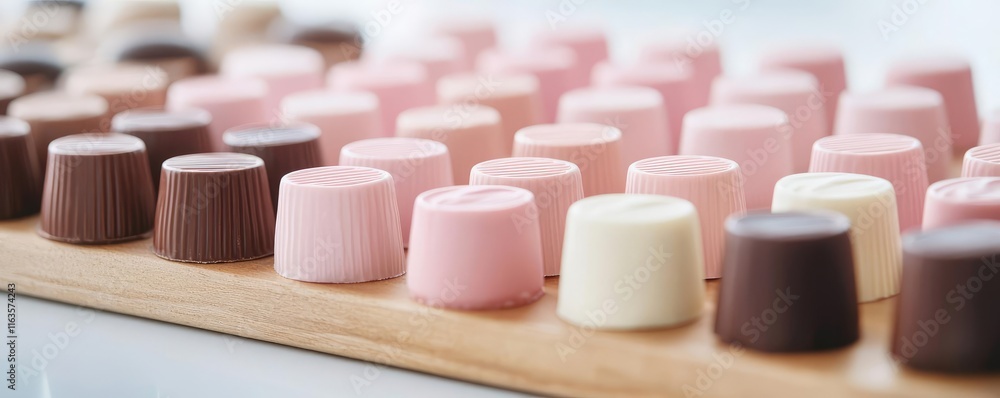 Fototapeta premium Pastel chocolates concept. Assorted chocolates arranged neatly on a wooden tray, showcasing various colors and shapes.