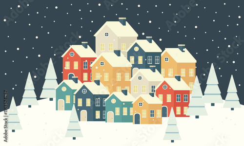 Minimalist Christmas Winter Village Under Falling Snow. Vector illustration