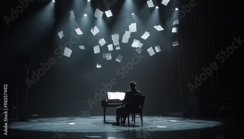 Pianist on stage, papers falling.