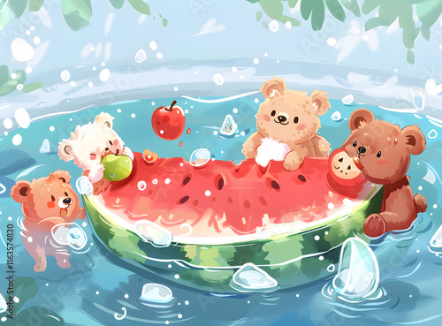 Two adorable bears are happily floating in a pool, enjoying a watermelon slice. They are cute, playful, and joyful, embodying the essence of summer and the refreshing nature of the scene
