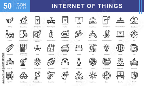 Internet of Things icon set such as wi fi, smart car, electronics, cloud computing, surveillance, smart building, smart energy. This modern and versatile collection is perfect for illustrating IoT.