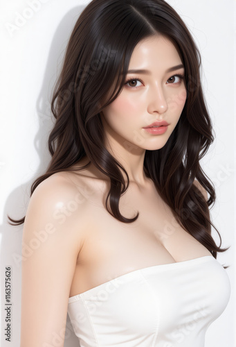 Young Female Model - Beautiful Woman with Perfect Features - Perfect Smooth Skin and Dark Brown Long Hair - Brown Eyes and Plump Lips - White Dress - Fashion, Cosmetics, Profile Portrait