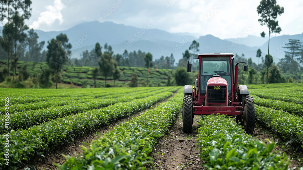 A red tractor sits at the end of a lush, green tea field. Rolling hills and trees are visible in the background A red tractor sits at the end of a lush, green tea field. Rolling hills and trees are visible in the background