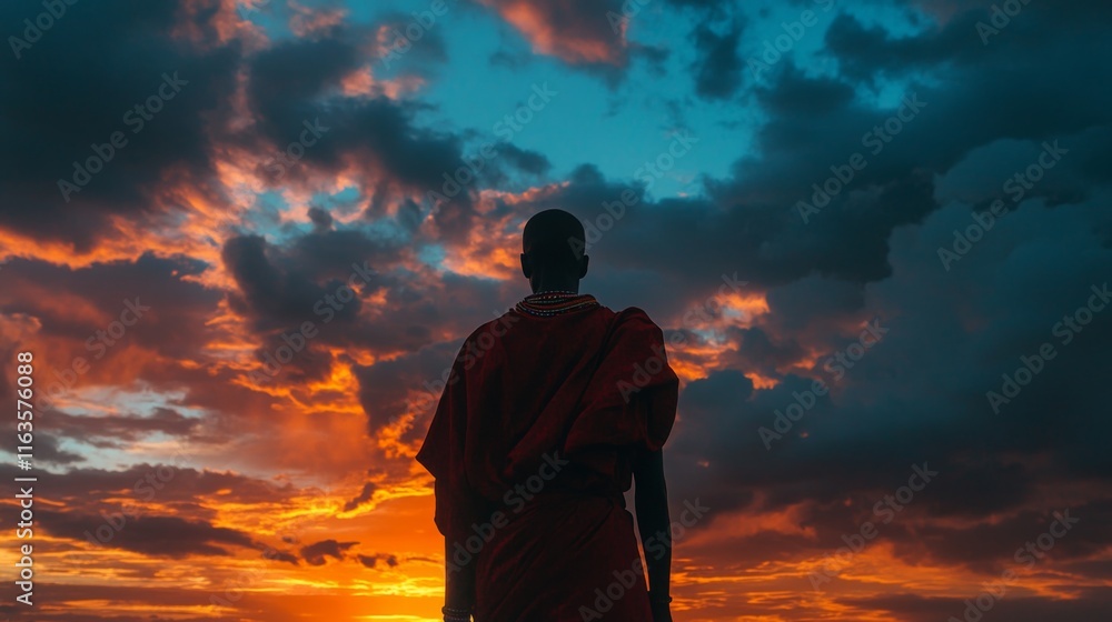 Fototapeta premium Silhouette of a man in traditional clothing watching a vibrant sunset.