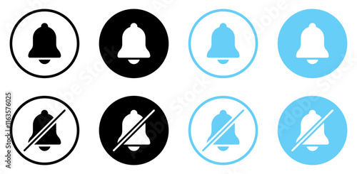 Notification bell off or on icon set black and blue color. Set of notification symbol in different style. Turn off and on, Mute or unmute notification bell icon set. Flat design. Vector illustration.