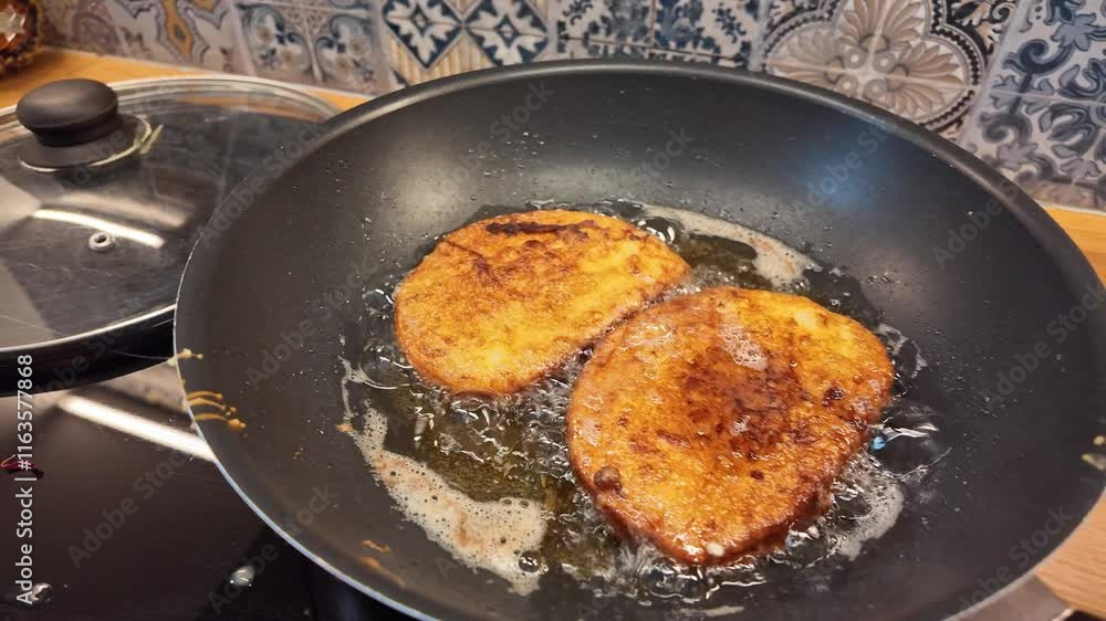 French toast being fried in pan. Two homemade challah or brioche bread french toast fried at home kitchen French toast being fried in pan. Two homemade challah or brioche bread french toast fried at home kitchen