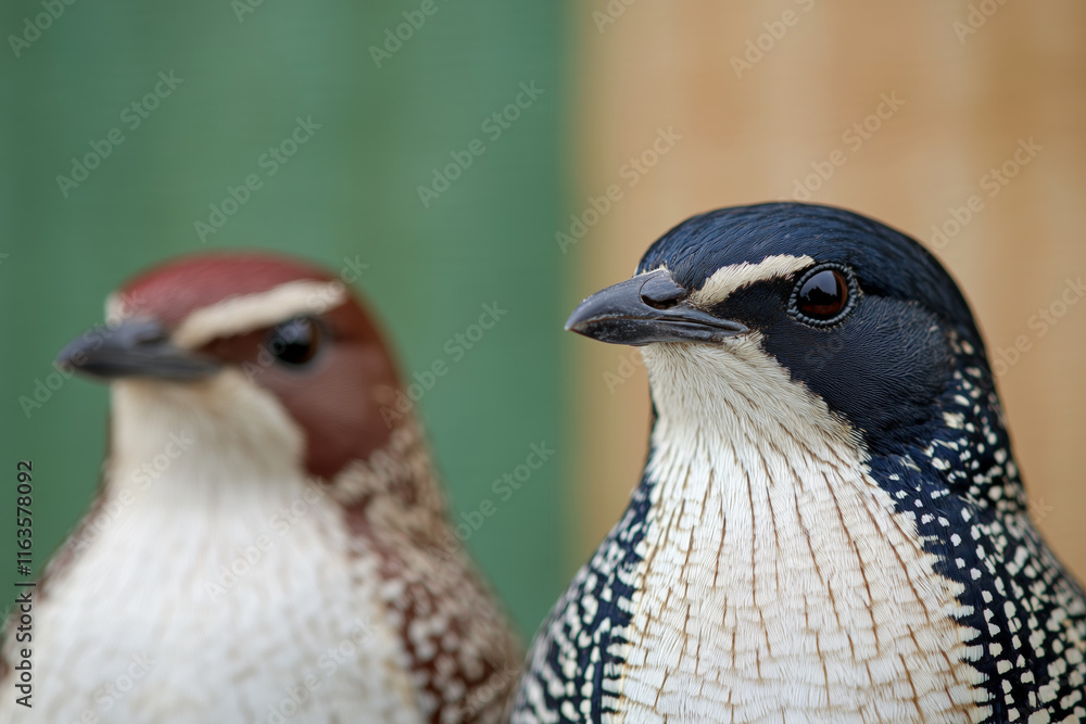 Fototapeta premium A close-up of two birds, one with black and white plumage and the other with brown and white