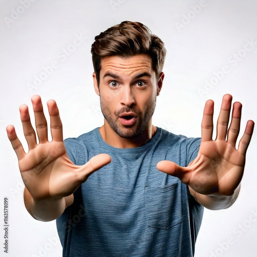 Portrait d’un homme cheveux châtain, expression de surprise, un t-shirt bleu clair. Il tend les mains en avant, comme pour dire stop, alerte, urgence, interruption. Fond neutre, moderne et épurée.  photo