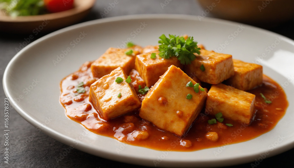 Mapo Tofu Stir-Fried Spicy Sauce Close-Up Asian Dish Mapo Tofu Stir-Fried Spicy Sauce Close-Up Asian Dish