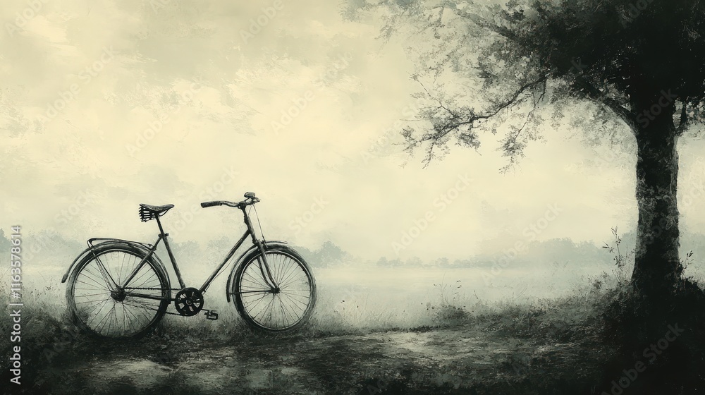 Fototapeta premium Old bicycle, misty field, solitary tree.