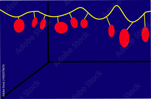 vector design illustration of red light inside dark room. blue background. a collection of hanging red lights