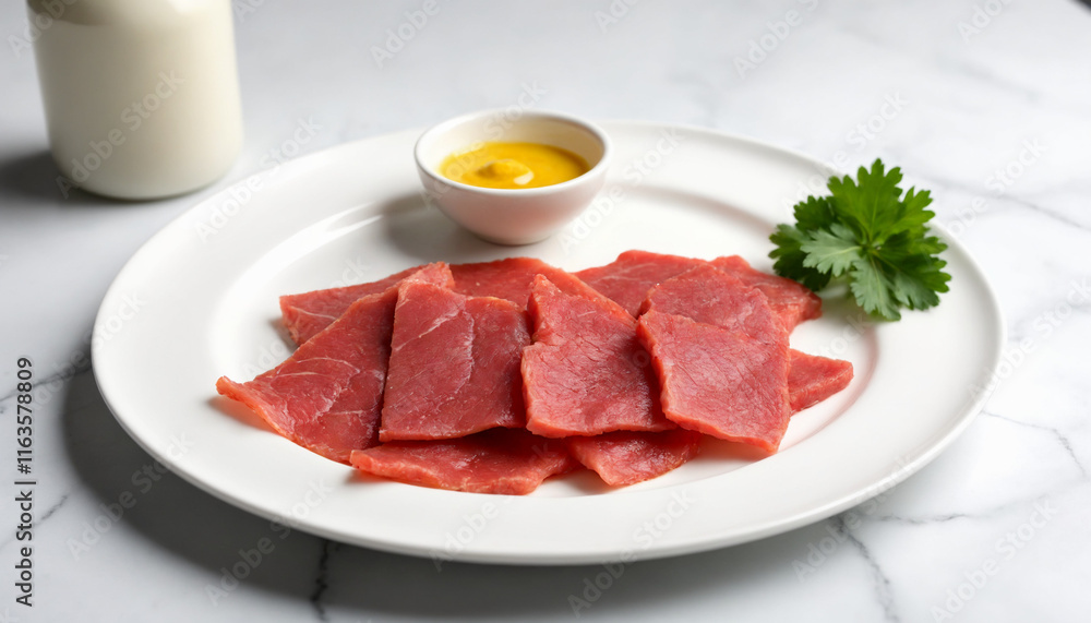 Filet Américain Raw Beef Dish Sliced Thinly Flat Lay with Copy Space Filet Américain Raw Beef Dish Sliced Thinly Flat Lay with Copy Space