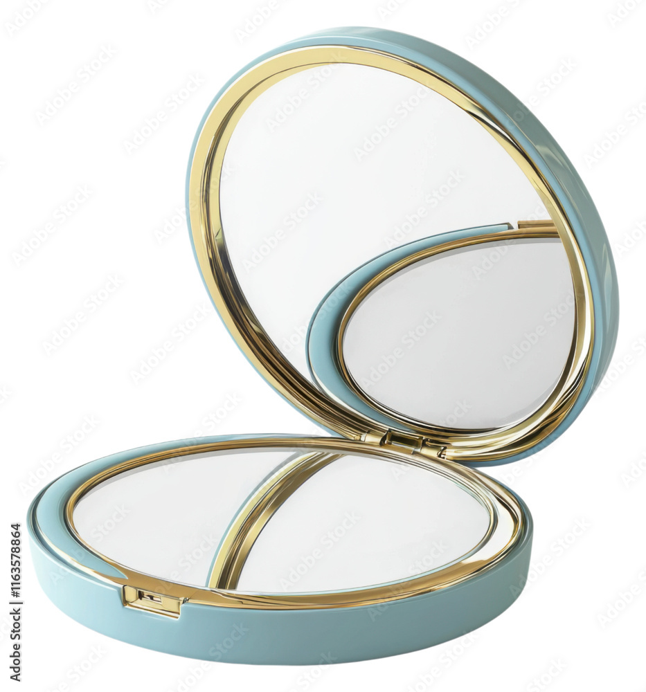 PNG A stylish, round compact mirror with a soft blue exterior and elegant gold accents, open to reveal two reflective surfaces.
