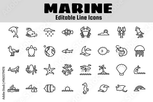 Marine life outline icon set