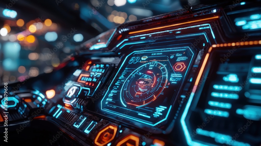 Obraz premium Futuristic Spaceship Cockpit: A Cyberpunk-Inspired Digital Dashboard