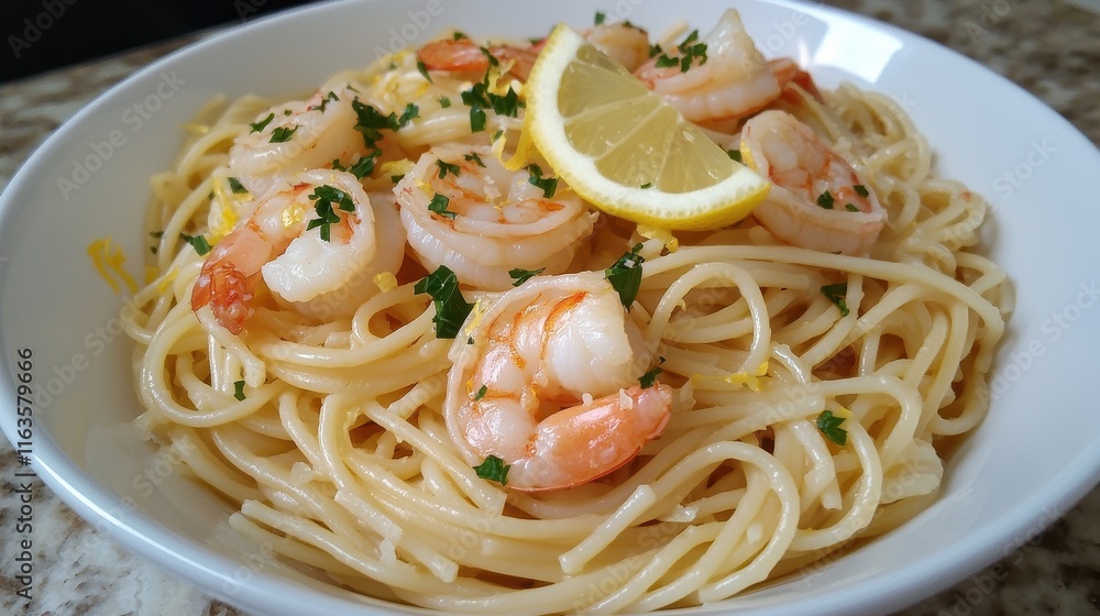 A delicious plate of shrimp pasta garnished with lemon slices and fresh herbs, showcasing a perfect blend of flavors and textures. A delicious plate of shrimp pasta garnished with lemon slices and fresh herbs, showcasing a perfect blend of flavors and textures.