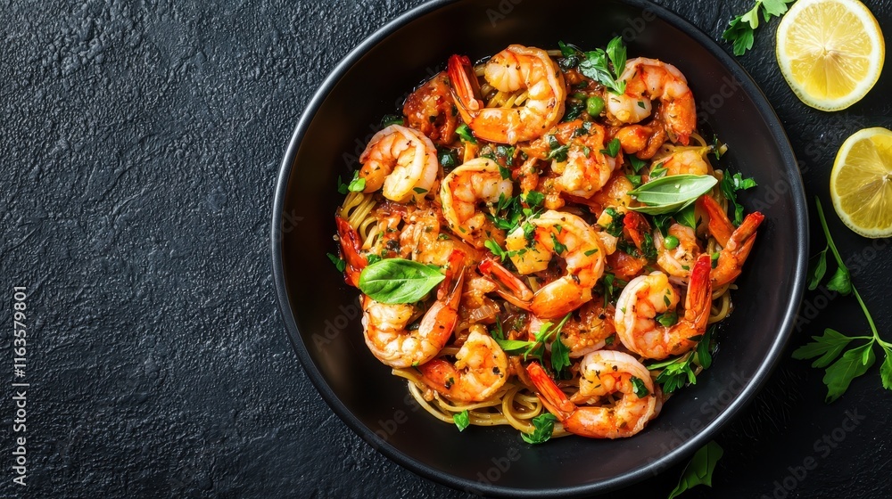 A vibrant dish of succulent shrimp garnished with fresh herbs and lemon, served in a dark bowl, perfect for seafood lovers. A vibrant dish of succulent shrimp garnished with fresh herbs and lemon, served in a dark bowl, perfect for seafood lovers.