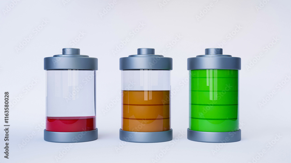 3D Visualization of Battery Indicators Displaying Low, Medium, and High Power States in Gradient Colors 3D Visualization of Battery Indicators Displaying Low, Medium, and High Power States in Gradient Colors