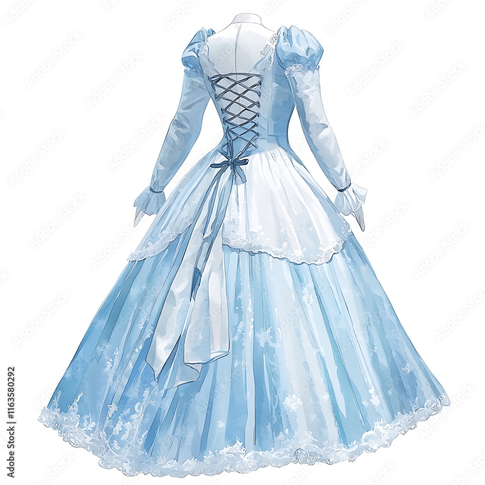 Watercolor Illustration of a Light Blue Ball Gown with Lace Detail and Corset Back. Watercolor Illustration of a Light Blue Ball Gown with Lace Detail and Corset Back.