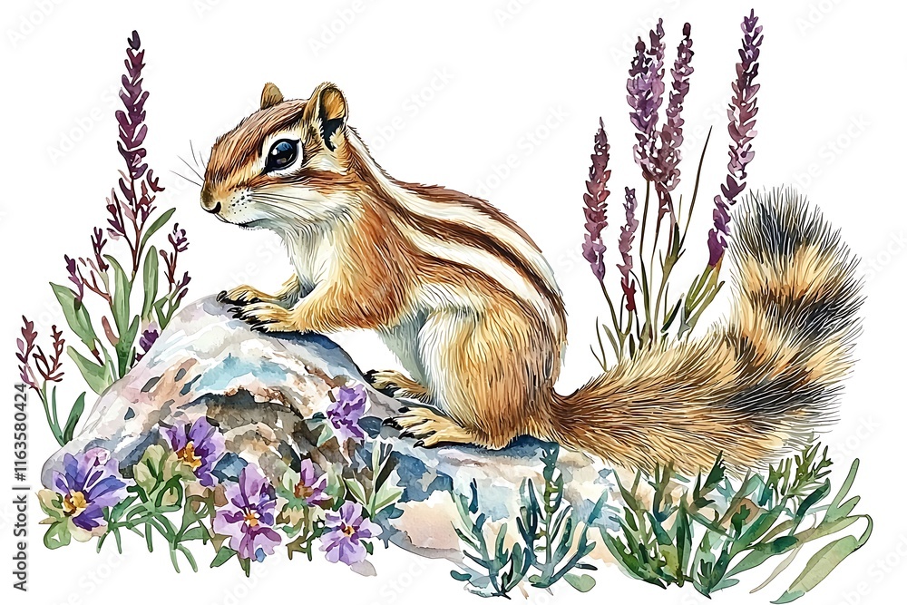Obraz premium Watercolor painting of an adorable chipmunk perched on a rock surrounded by vibrant lavender and wildflowers.