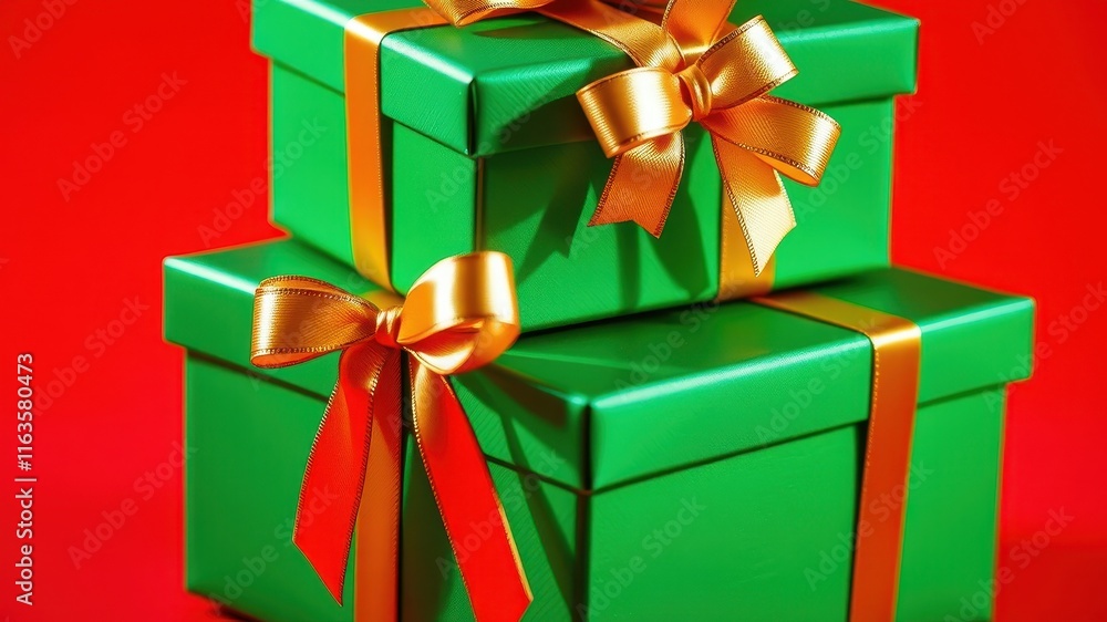 Obraz premium Two Emerald Green Gift Boxes with Gold and Red Ribbon Accents on Red Background
