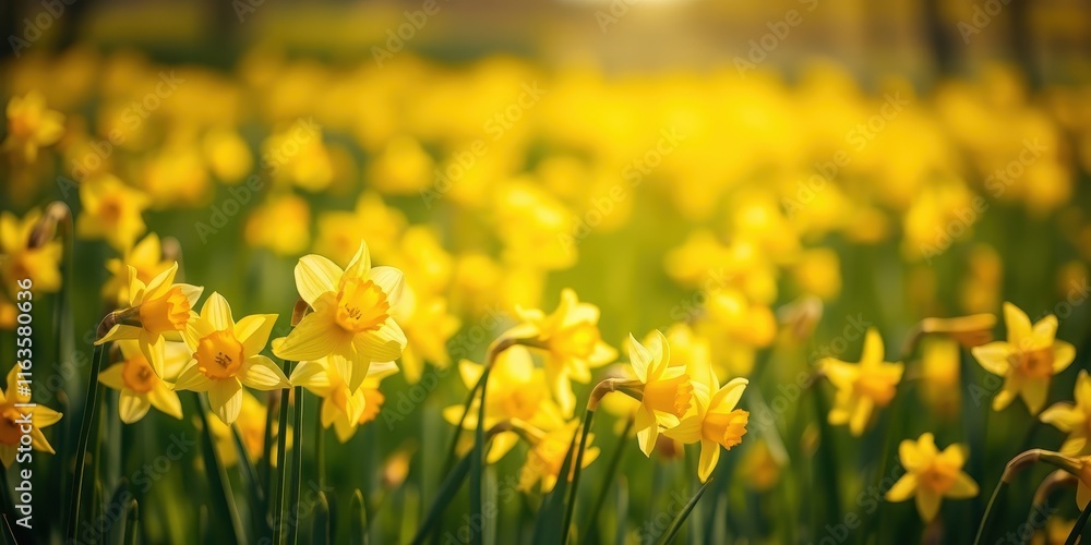A field of vibrant yellow daffodils basking in the warm sunlight of spring A field of vibrant yellow daffodils basking in the warm sunlight of spring
